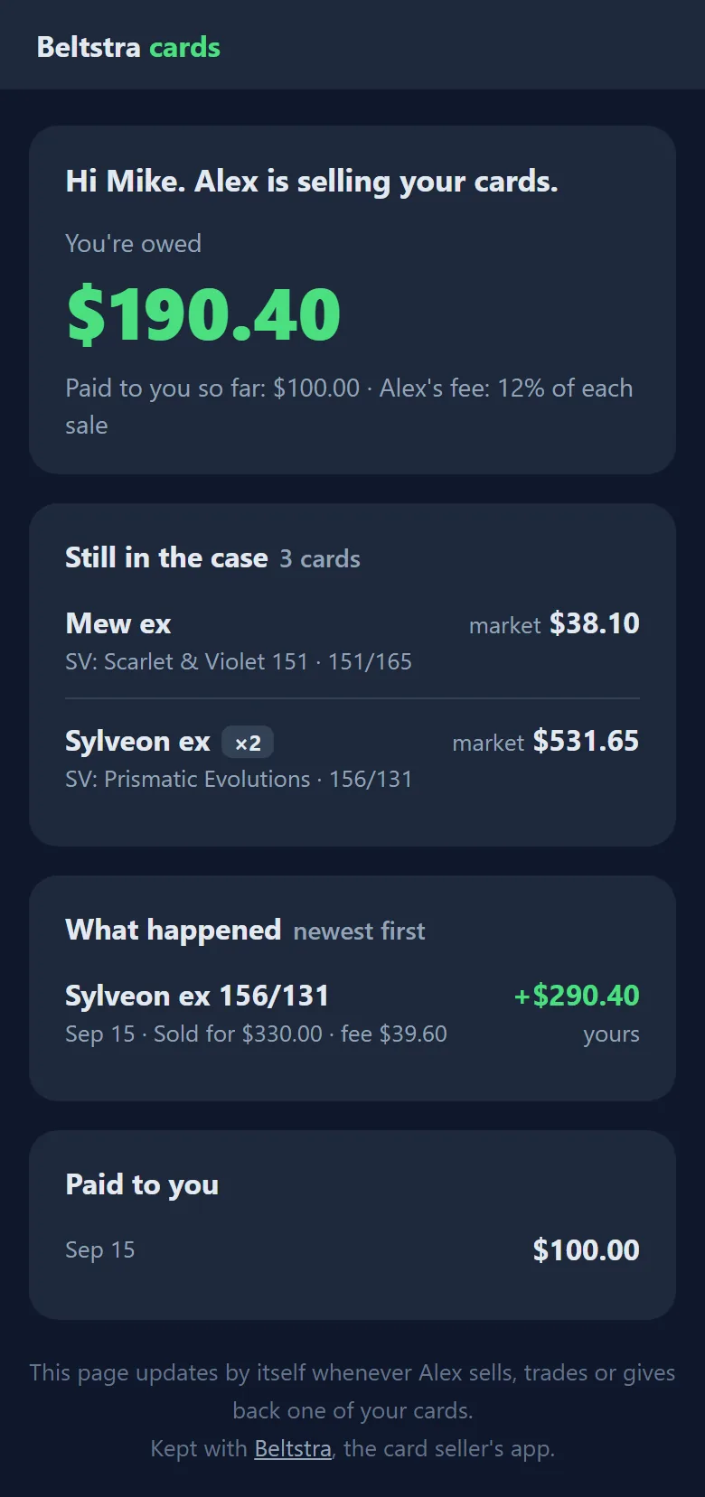 Mike's private page: Hi Mike, Alex is selling your cards. You're owed $190.40. Paid to you so far: $100.00. Alex's fee: 12% of each sale. Still in the case: Mew ex and Sylveon ex. What happened: Sylveon ex sold for $330.00, fee $39.60, plus $290.40 yours. Paid to you: $100.00 on Sep 15.