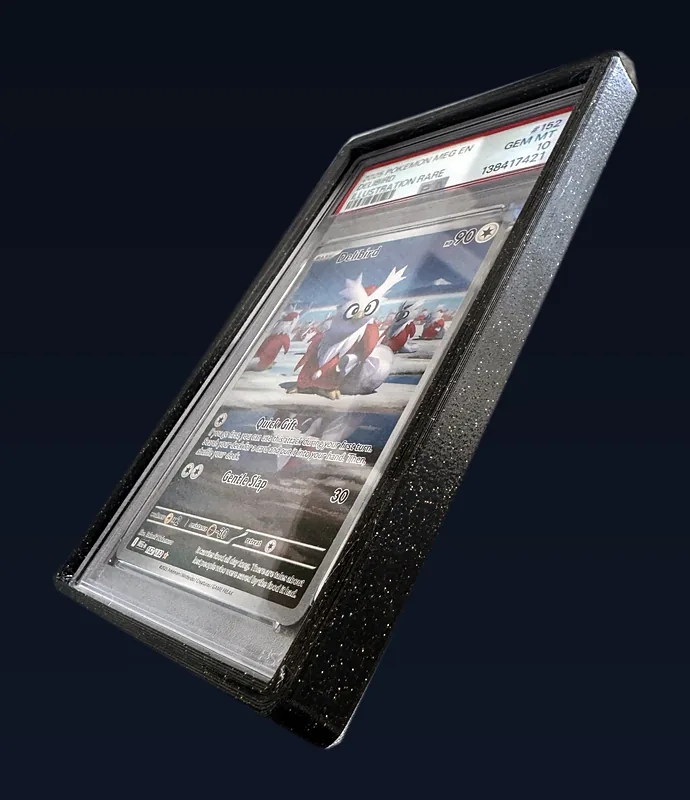 Three-quarter view showing the sparkle in the black TPU and the thick side wall
