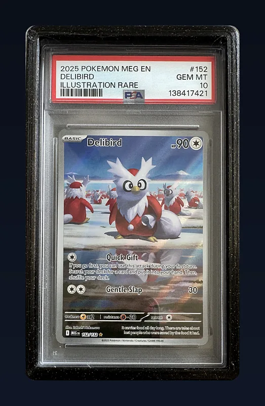 Black sparkle Slab Guard holding a PSA 10 Delibird slab, seen from the front