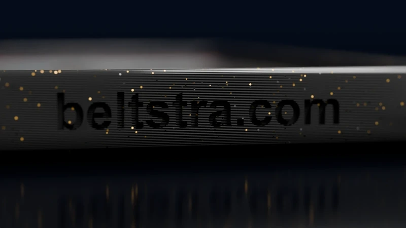 Close-up of beltstra.com pressed into the guard's edge