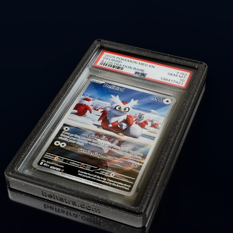 Slab Guard holding a PSA 10 slab on a dark studio surface
